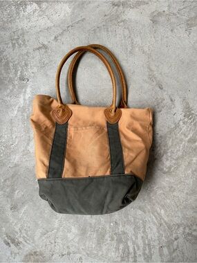 Vintage LL BEAN canvas tote leather handles green tan brown plaid